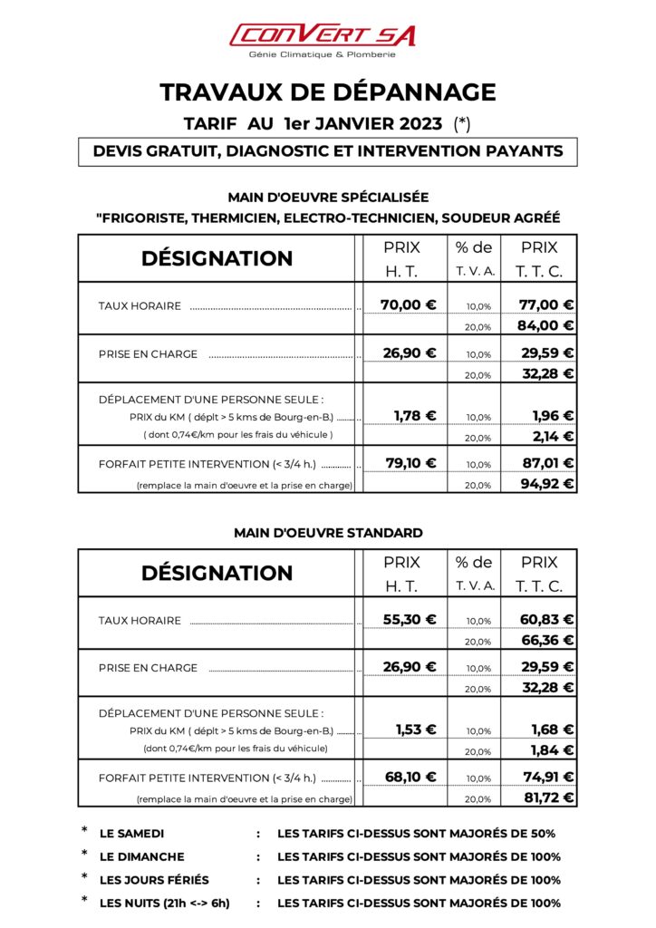 TARIFS JANVIER 2023