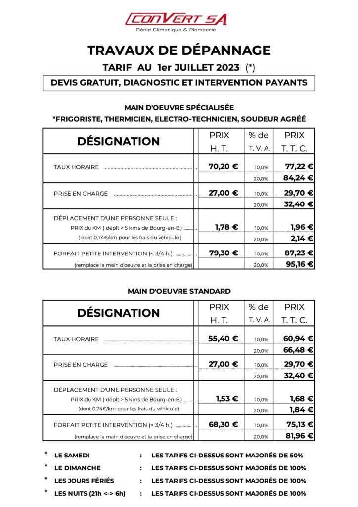 TARIFS JUILLET 2023
